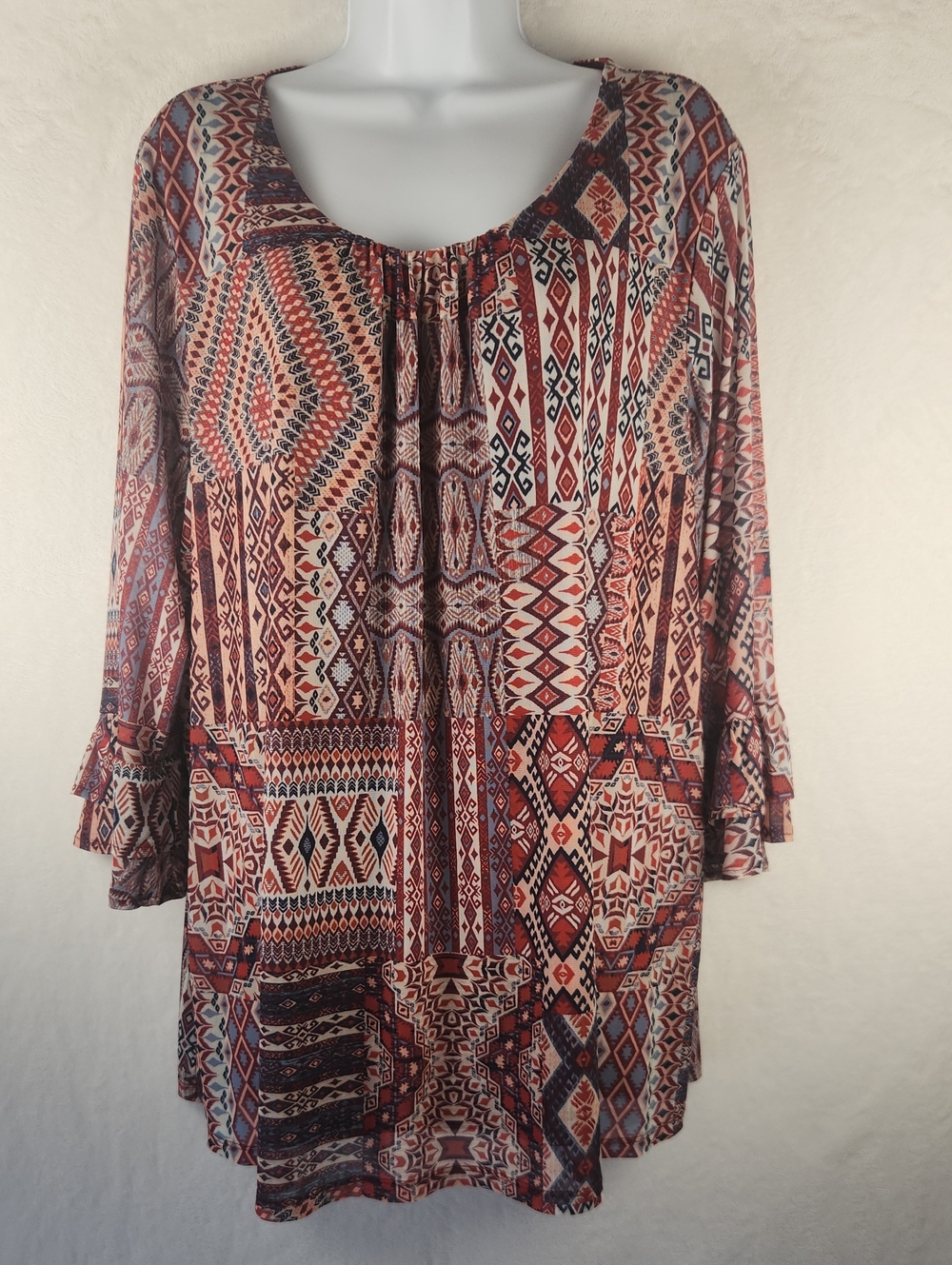 CJ Banks Patchwork Print Top‎ - Burgundy Multi Colored 3/4 Sleeves